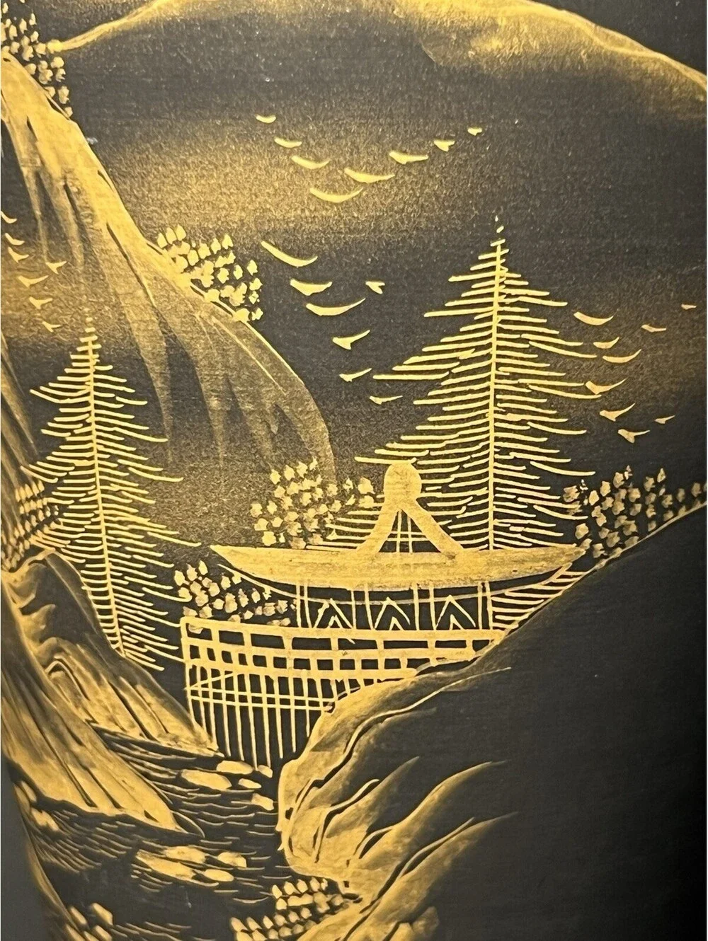 Japanese Vintage 1950s Sansui Landscape Porcelain Vase Gold On Grey Taiga, 2x6”